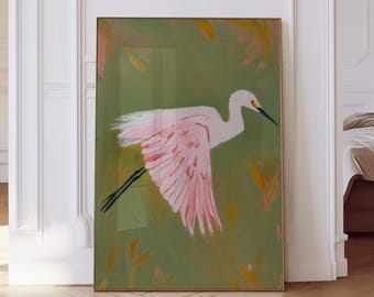 Arte de pared de pájaro garceta rosa con fondo verde suave, elegante impresión artística de vida silvestre