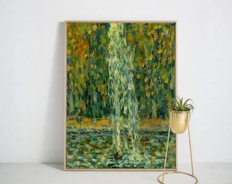 Abstract Fountain Canvas Art – Impressionist Green & Yellow Water Painting for Modern Home Decor
