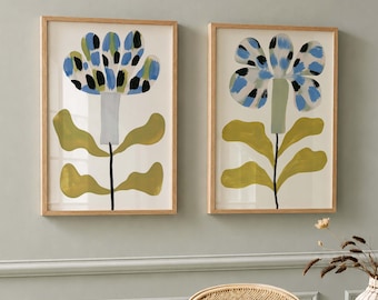 Set of 2 Abstract Floral Prints, Modern Botanical Wall Art, Blue Flower Gallery Wall
