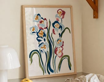 Estampado floral colorido, póster botánico moderno, decoración de pared con flores abstractas