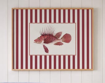 Cuadro decorativo vintage de peces rojos, estampado costero a rayas, ilustración marina náutica, decoración para casas de playa.