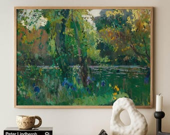 Lámina de pintura impresionista de estanque, arte mural de paisaje verde exuberante, decoración de naturaleza serena
