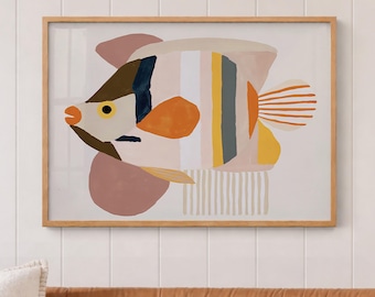 Abstract Fish Print, Modern Folk Art, Colorful Coastal Poster, Beach House Decor