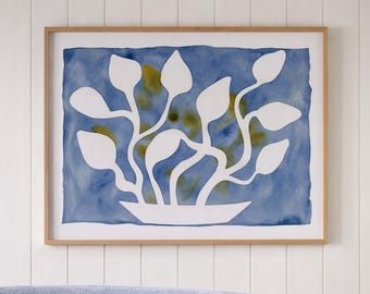 Blue Botanical Silhouette Print, Abstract Plant Artwork, Contemporary Nature Wall Decor