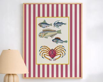 Lámina decorativa de pared con coloridos peces costeros, póster náutico maximalista a rayas, decoración ecléctica con ilustración marina.