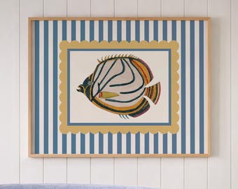 Cuadro decorativo vintage de peces tropicales, estampado costero de rayas azules, estilo retro marino.