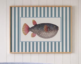 Cuadro de pez globo, estampado costero de rayas azules, ilustración marina náutica, decoración para casa de playa.