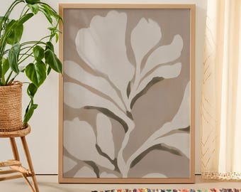 Neutral Botanical Wall Art Print, Minimalist Floral Canvas, Beige Modern Organic Decor