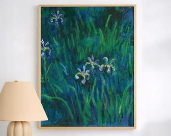 Lámina pintada sobre un jardín de lirios azules, arte mural floral impresionista, obra de arte floral en tonos verdes intensos.