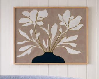 Lámina decorativa de pared con jarrón floral neutro, pintura botánica minimalista, decoración floral moderna en color beige.