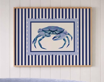 Blue Crab Print, Coastal Preppy Decor, Nautical Beach House Poster, Cape Cod Wall Art