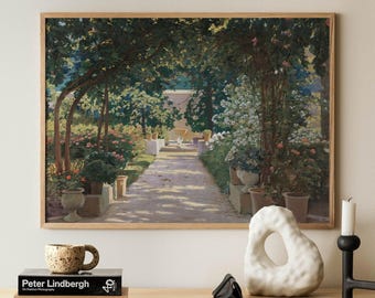 Lámina con estampado de un sendero de jardín, arte mural de paisaje impresionista, escena de jardín floral bañada por el sol.