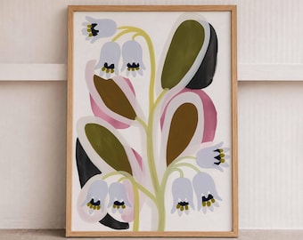 Bellflower Botanical Print, Modern Floral Painting, Cottagecore Flower Poster, Color Block Artwork, Nature Decor