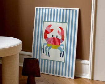 Crab Wall Art Print, Ocean Animal Poster, Coastal Bathroom Decor, Beach House Artwork