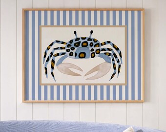 Blue Crab Print, Striped Marine Animal Artwork, Coastal Wall Art, Beach House Poster