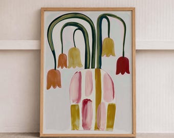 Abstract Flower Vase Print: Colorful Botanical Wall Art with Hanging Blooms
