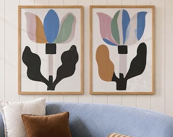 Abstract Floral Set of 2, Modern Botanical Prints, Colorful Flower Wall Art