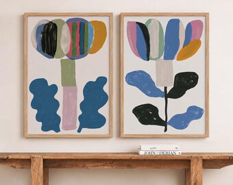Set of 2 Abstract Floral Prints, Scandinavian Botanical Wall Art, Modern Gallery Wall Decor
