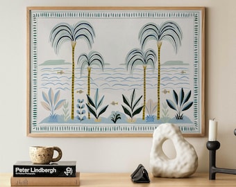 Coastal Palm Landscape Print, Tropical Beach Artwork, Mediterranean Seascape Poster, Ocean View Decor