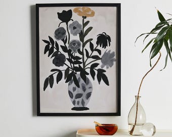 Estampado floral neutro, póster botánico en blanco y negro, decoración minimalista para jarrones de flores.