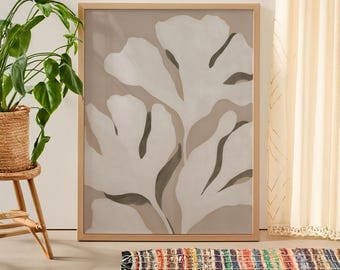 Lámina decorativa botánica neutra para pared, decoración floral minimalista en tonos beige, ilustración moderna de hojas.