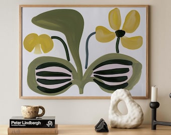 Abstract Floral Print: Olive Green Botanical Wall Art with Yellow Flowers
