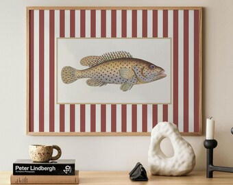 Fish Wall Art Print, Coastal Nautical Decor, Striped Marine Illustration, Grandmillennial Artwork