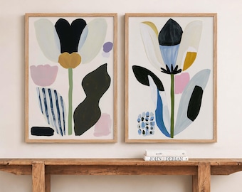 Set of 2 Abstract Floral Prints, Scandinavian Wall Art, Modern Botanical Prints