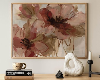 May include: A framed floral art print featuring large, abstract flowers in shades of pink, burgundy, and beige. The artwork is displayed in a light-colored wooden frame. The image is part of a home decor collection.