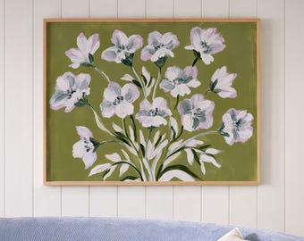 Estampado floral verde, póster botánico estilo cottagecore, decoración de pared floral de estilo vintage.