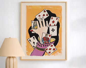 Lámina decorativa de pared con ilustración abstracta de cartas de póker, estilo moderno y gráfico.