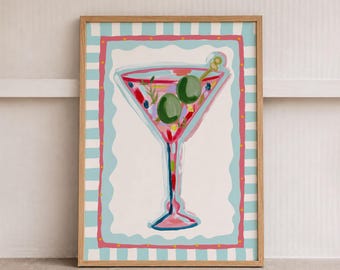 Martini Wall Art, Colorful Cocktail Print, Retro Bar Cart Decor