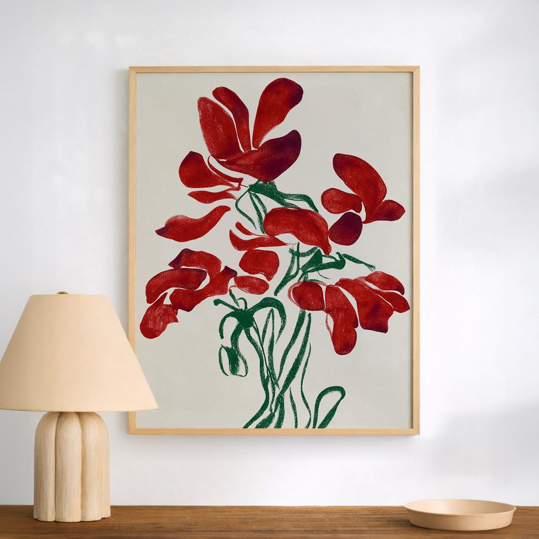 Bold Red Floral Wall Art Print – Expressive Botanical Poster for Modern ...