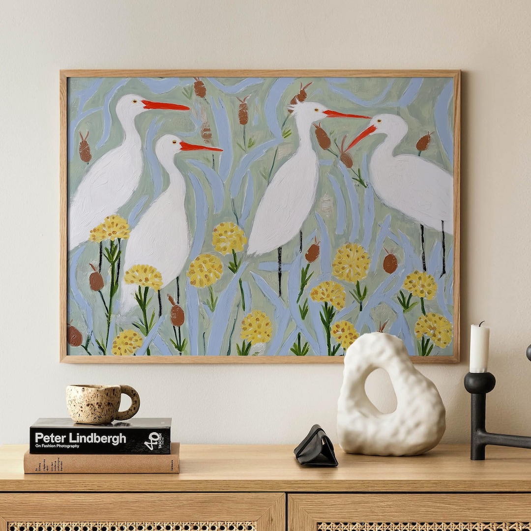 White Egret Bird Wall Art Print – Modern Coastal Botanical Poster ...