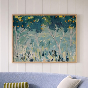 Vintage Mediterranean Landscape Print: Blue & Orange Trees
