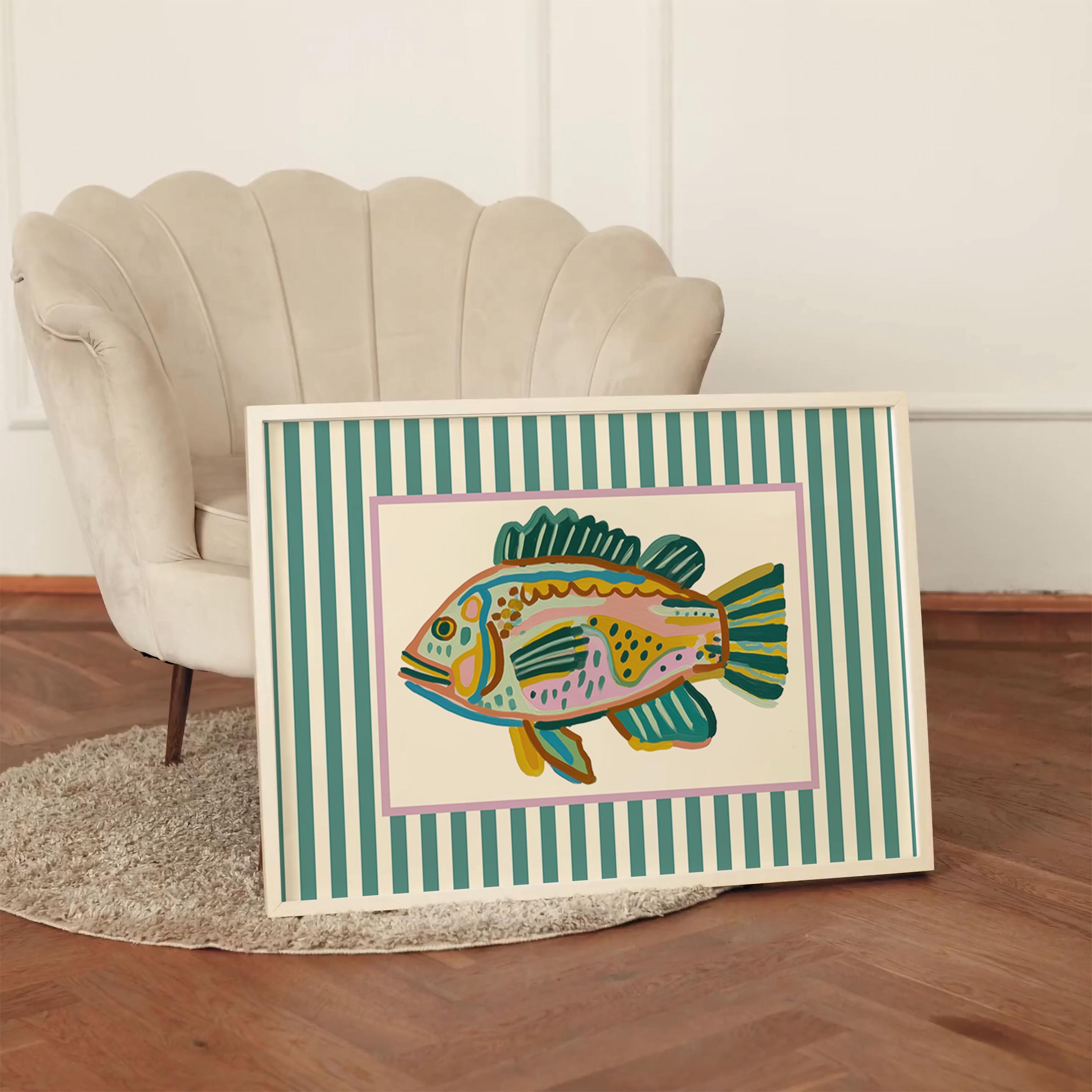 Colorful Fish Wall Art, Striped Coastal Print, Modern Beach House Decor ...