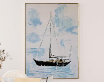 Blue Watercolor Sailboat Art Print: Coastal Nautical Decor