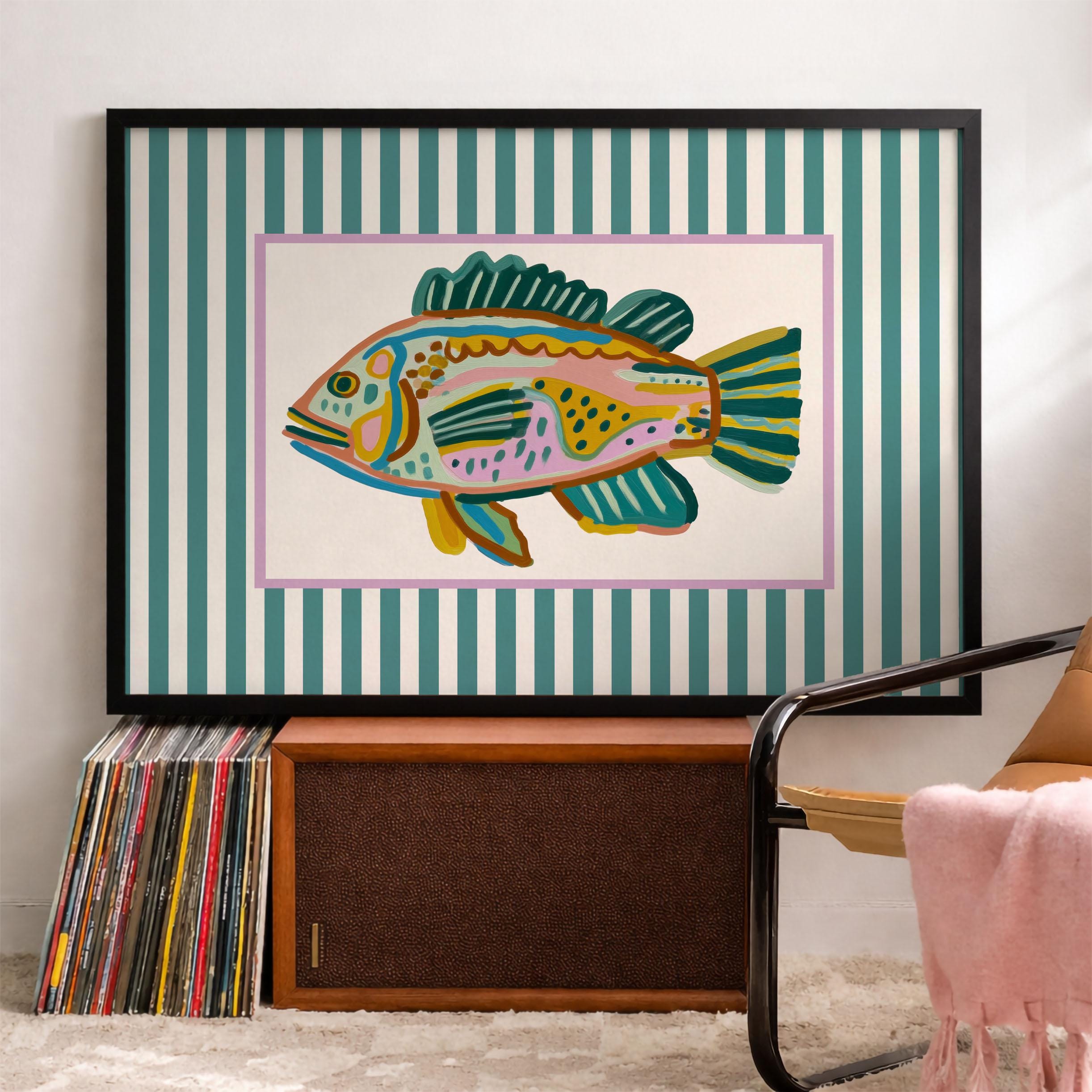 Colorful Fish Wall Art, Striped Coastal Print, Modern Beach House Decor ...