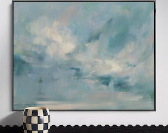 Cuadro abstracto de cielo azul suave en lienzo / Decoración de paisaje marino con nubes costeras