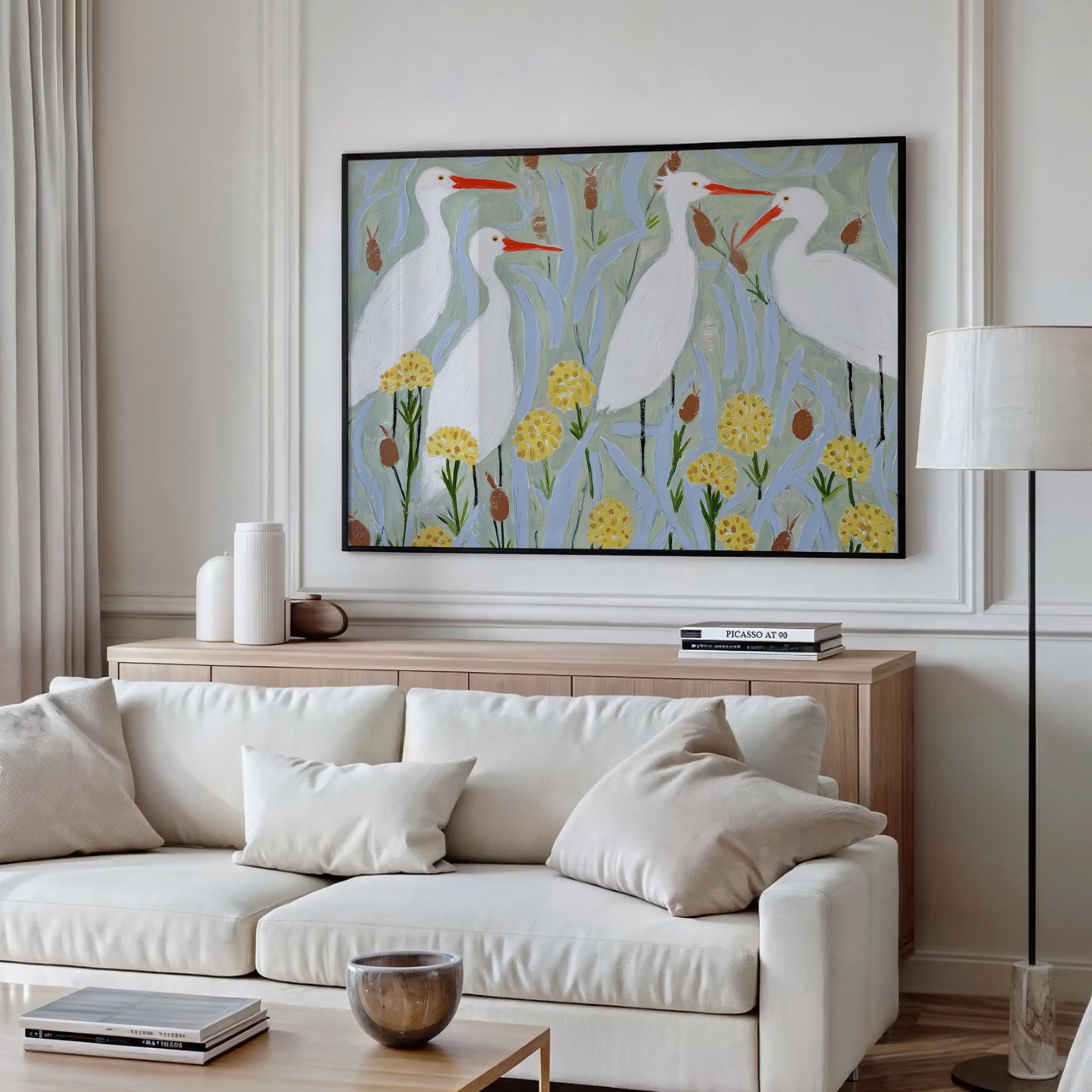White Egret Bird Wall Art Print – Modern Coastal Botanical Poster ...