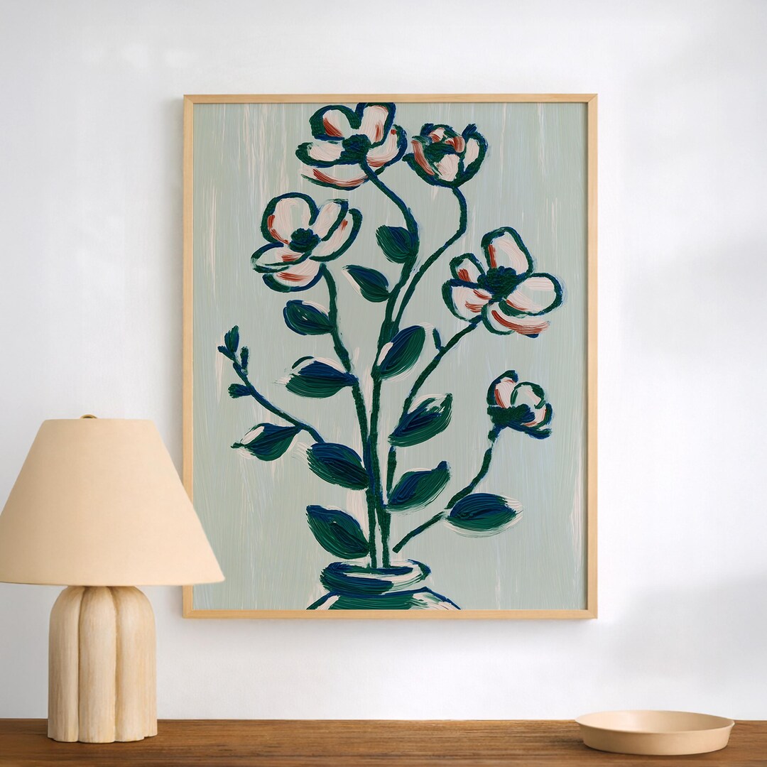 Teal Floral Vase Wall Art Print – Expressive Botanical Poster for ...
