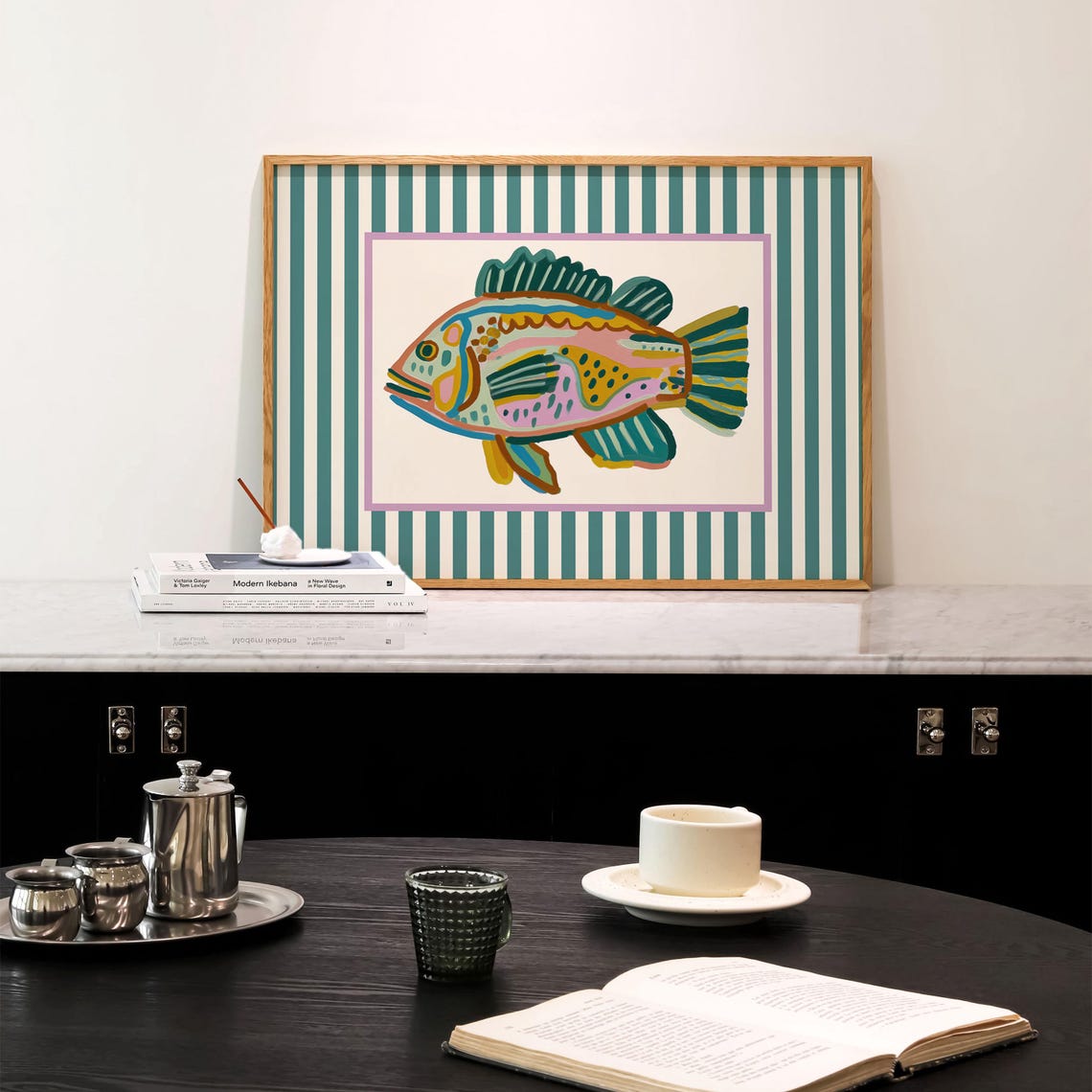 Colorful Fish Wall Art, Striped Coastal Print, Modern Beach House Decor ...