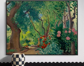 Cuadro mural impresionista de sendero de jardín, lienzo de paisaje floral vintage, decoración con pintura de naturaleza exuberante y verde