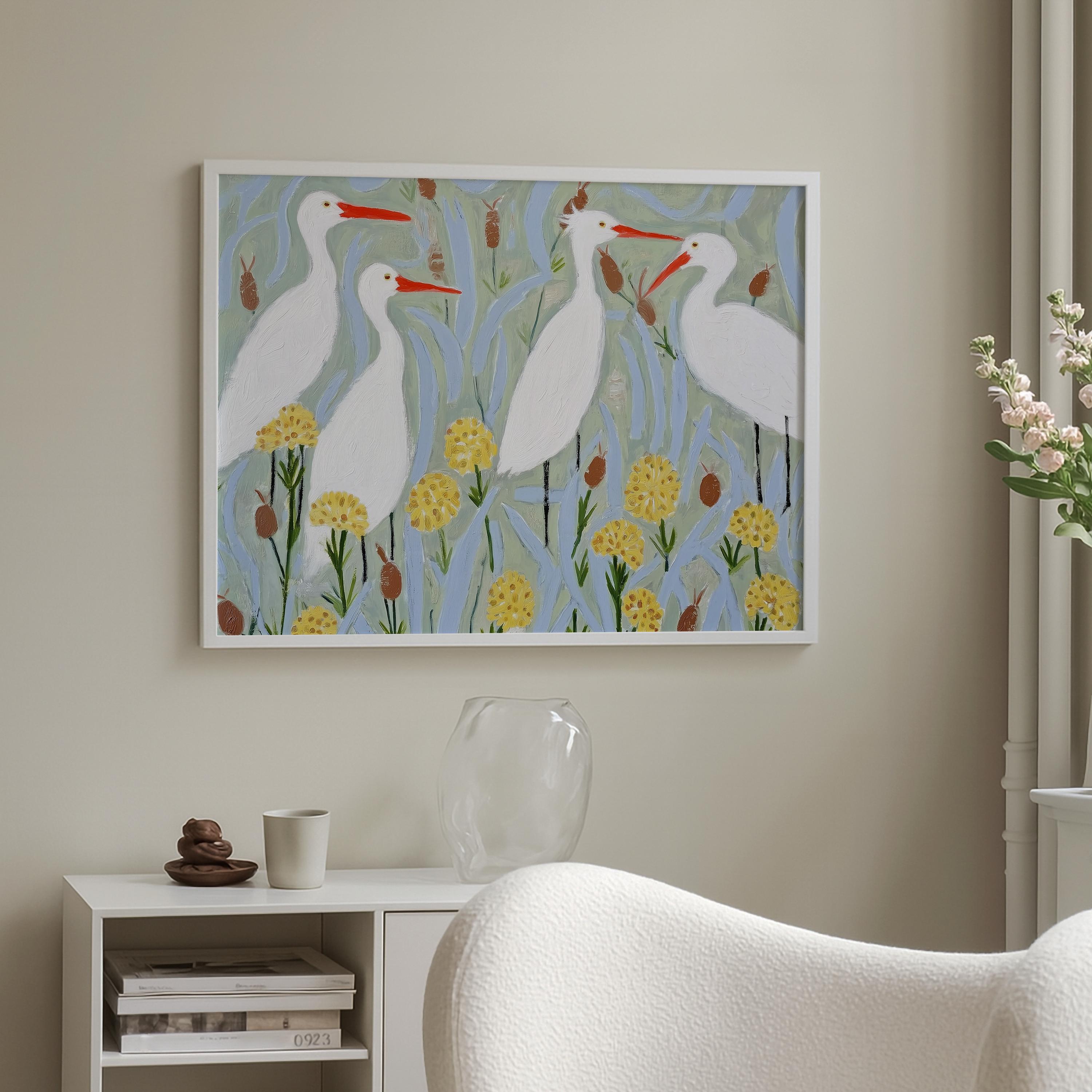 White Egret Bird Wall Art Print – Modern Coastal Botanical Poster ...