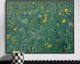 Lienzo de pradera de flores silvestres, arte mural impresionista de campo floral, decoración de paisaje botánico verde