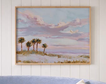 Impresión de paisaje de playa suave con palmera costera en tonos pastel