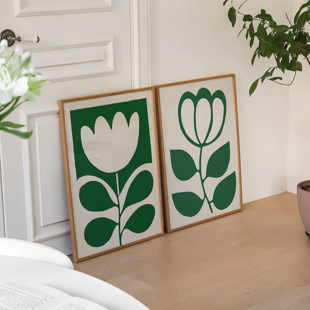 Mid Century Modern Botanical Prints: Scandinavian Green Floral Wall Art ...