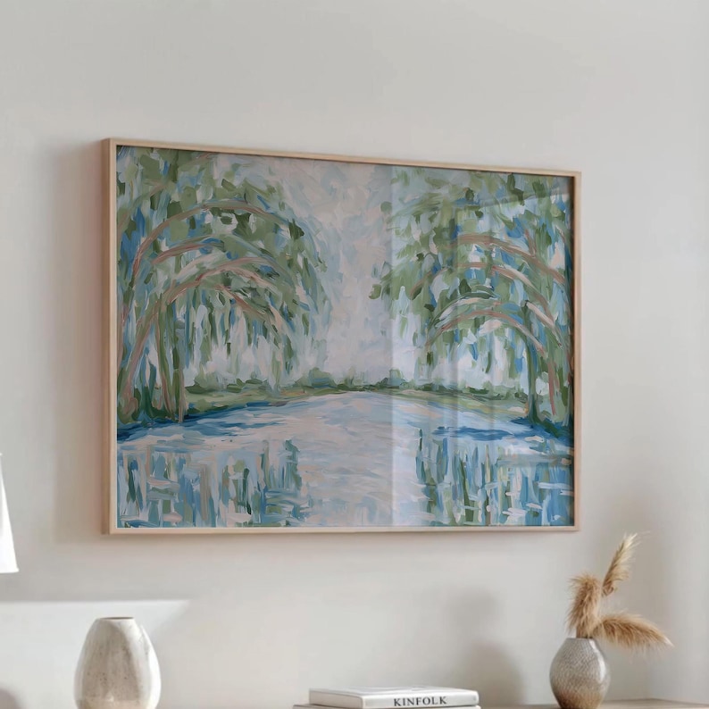 Abstract Landscape Art Print – Serene Lake and Trees Wall Decor in Blue ...