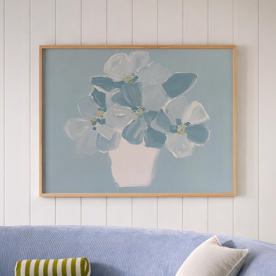 Blue Floral Still Life Wall Art , Minimalist Flower Vase Painting Print ...