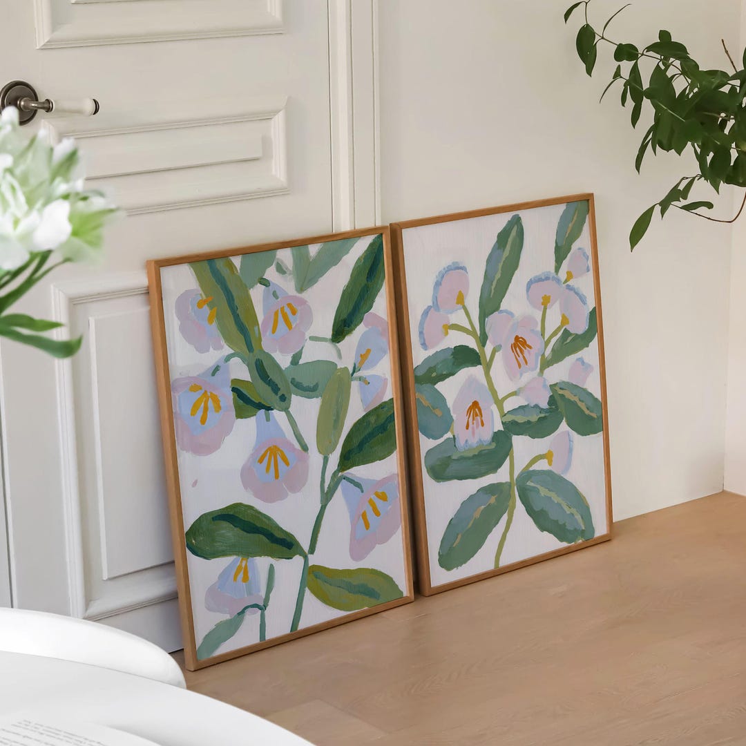 Botanical Flower Wall Art Set of 2, Pastel Floral Prints, Modern ...